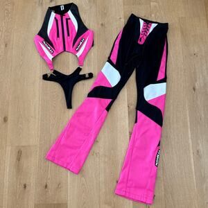 Namilia - Moto Cut Out Bodysuit & Paneled Moto Pants in Pink Black & White